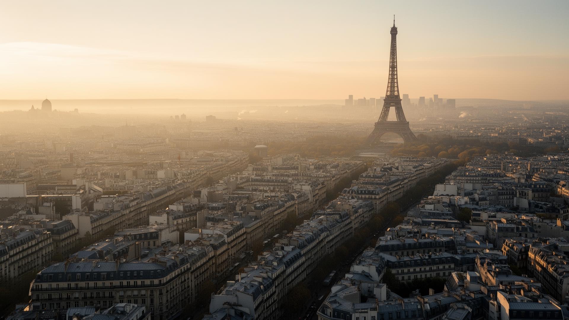Vista panorâmica de Paris ao entardecer com a Torre Eiffel